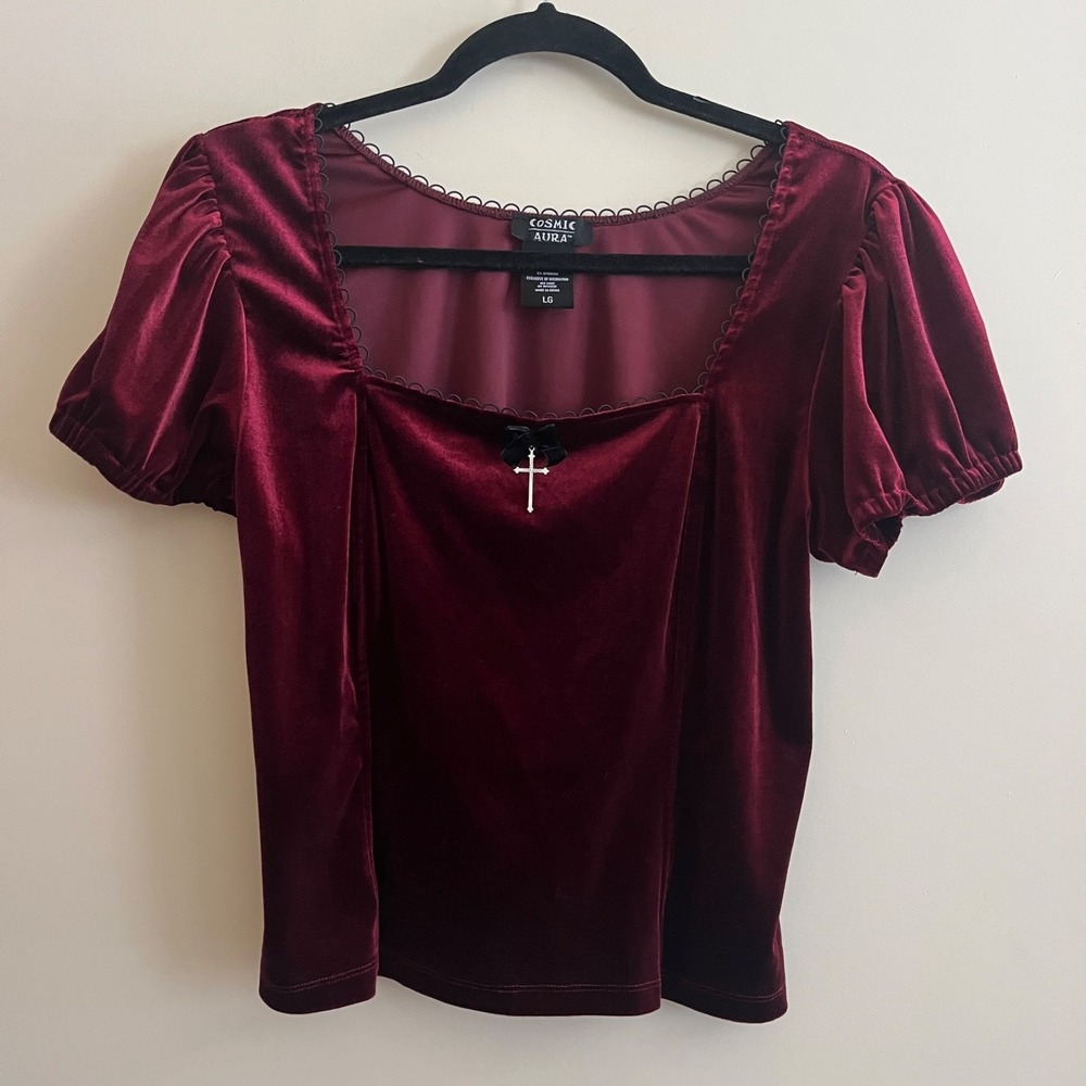 Cosmic Aura Women Velvet Cross Crop Top Large Burgundy Whimsigoth Victorian Goth